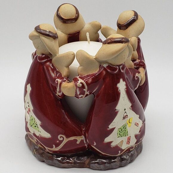 4 Christmas Tree Angels Holding Hands in Circle Stoneware Votive Candle Holder - Picture 9 of 13